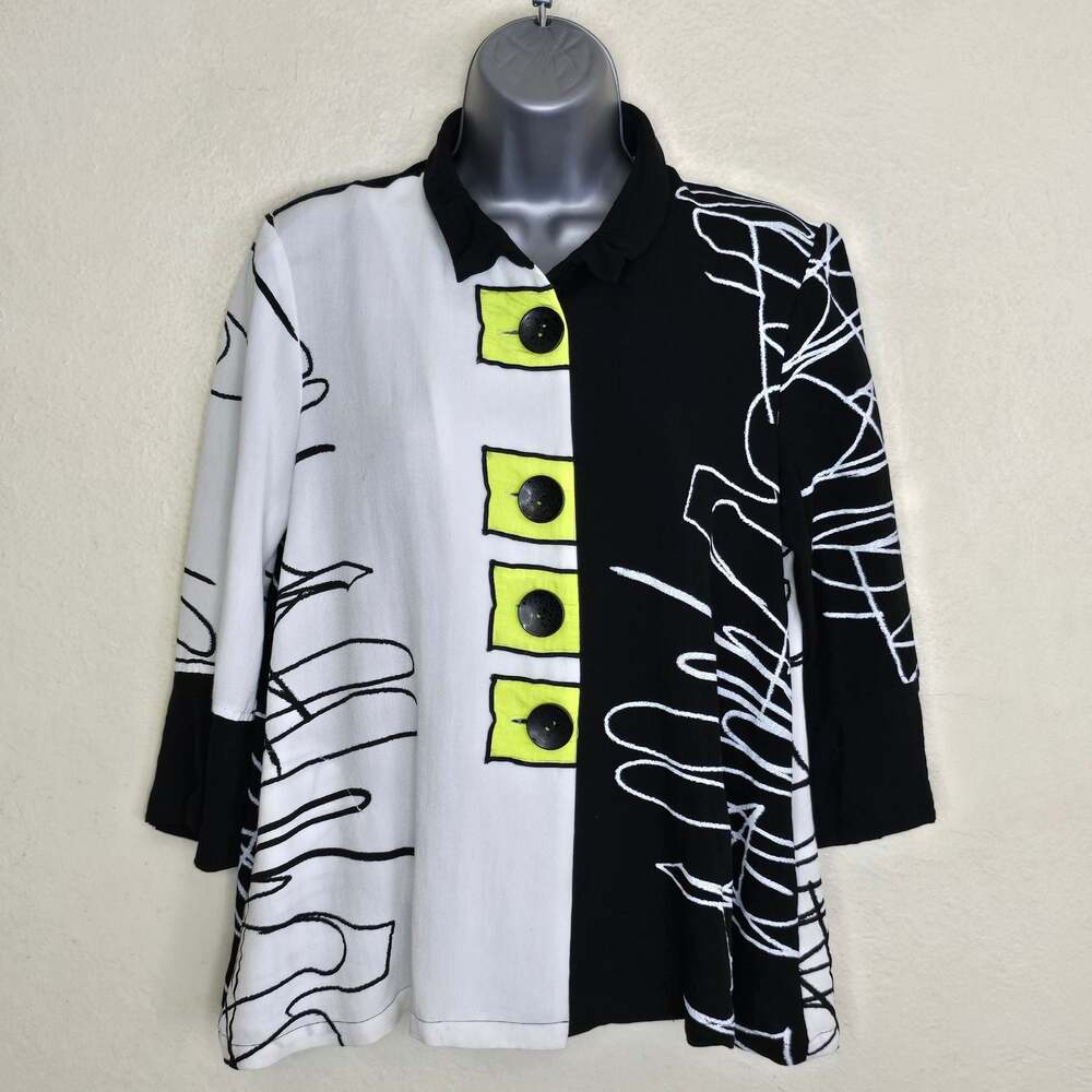 Ali Miles Black White Lime Scribble Print Button-Front Jacket Size PM - Picture 7 of 8